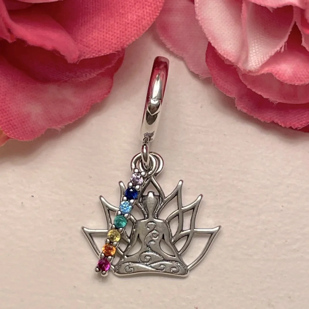 Bracelet Charm Chakra Colors and Lotus Flower Sterling Silver